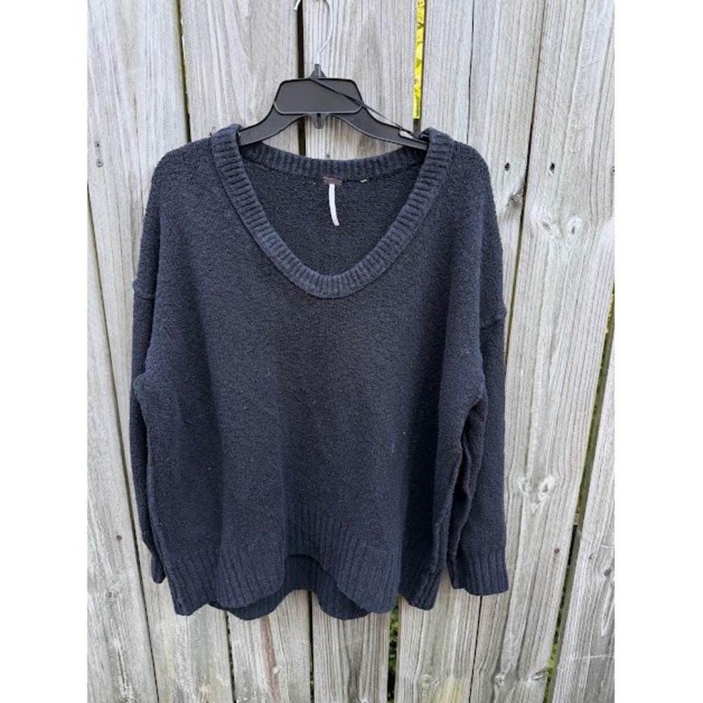 Boho Oversized Free People Sweater S Black Bouclé V-Neck Relaxed Pullover